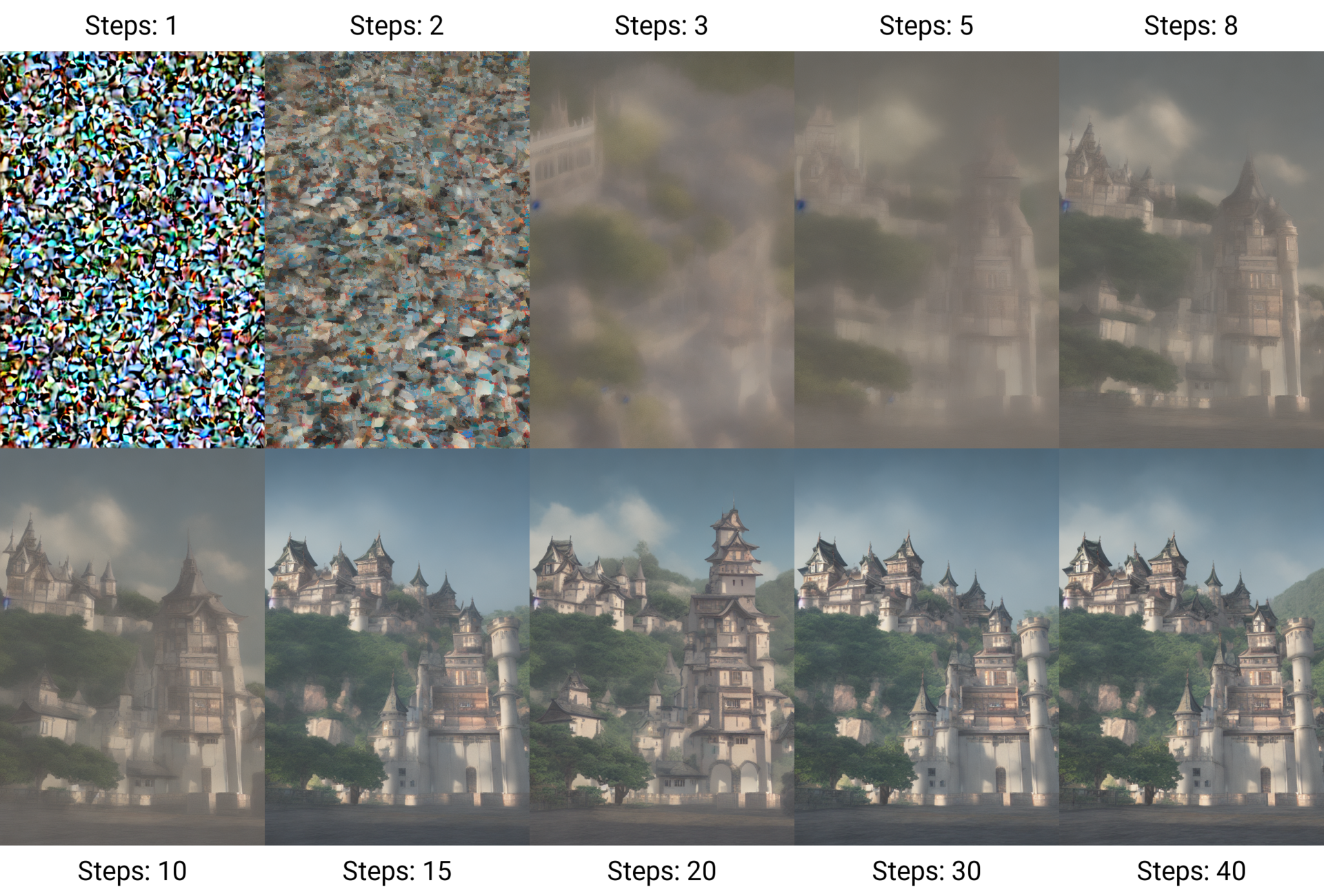Шаги генерации изображений из текста
(первый шаг — 100% шум, последующие шаги этот шум уменьшают и приводят в осмысленное изображение)
